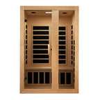 Wooden sauna with glass panels on a white background