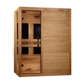 Wooden sauna with sliding door on a white background