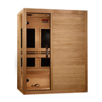 Wooden sauna with sliding door on a white background