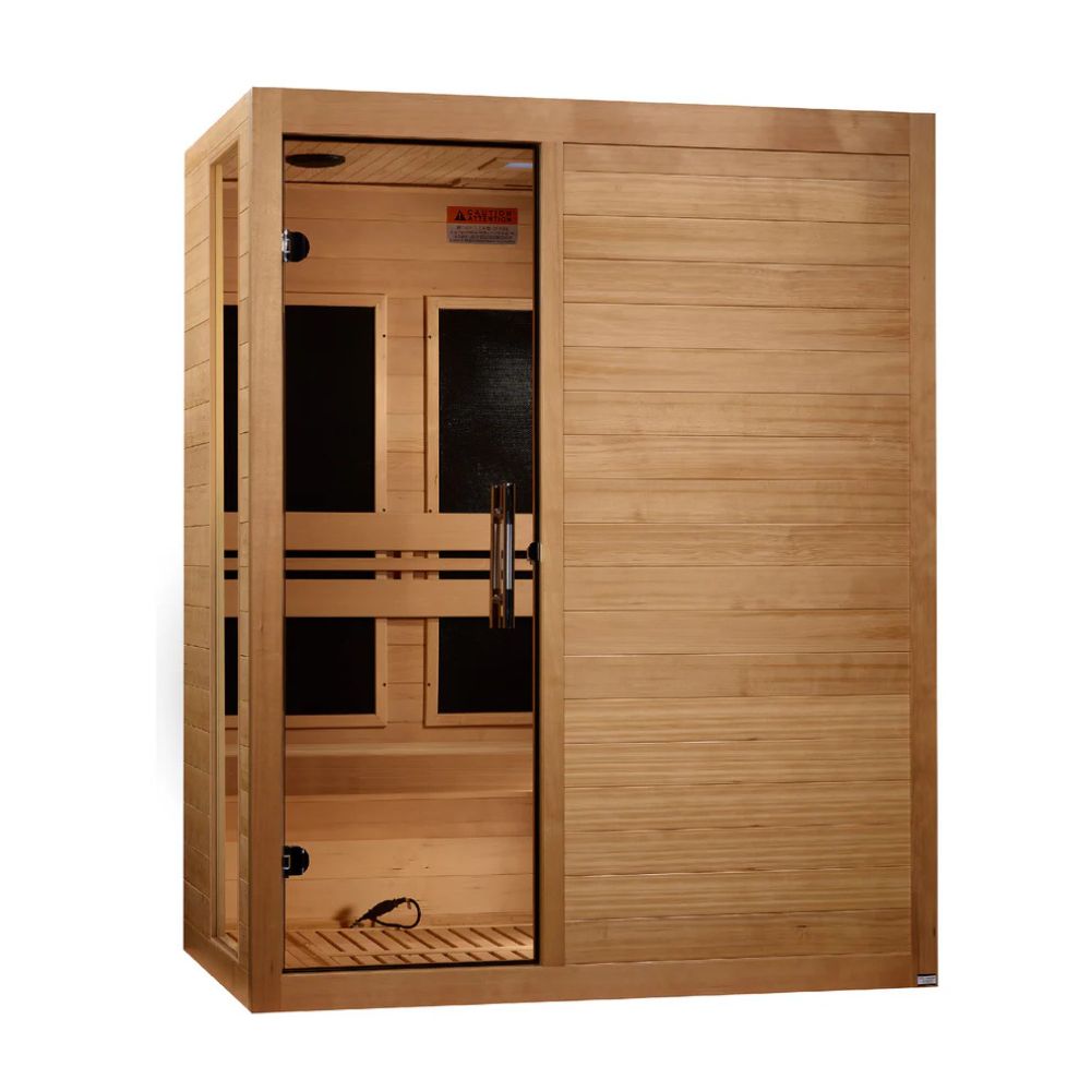 Wooden sauna with sliding door on a white background