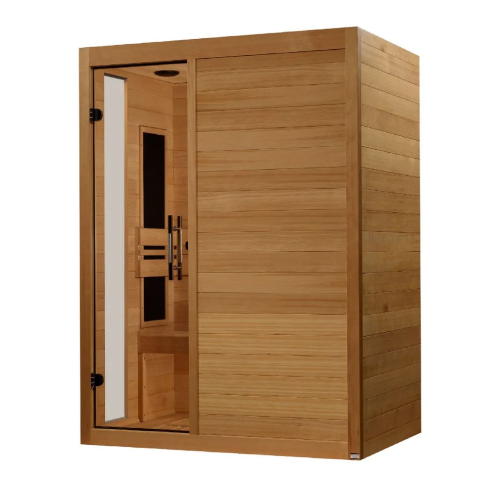 Wooden sauna with open door on a white background