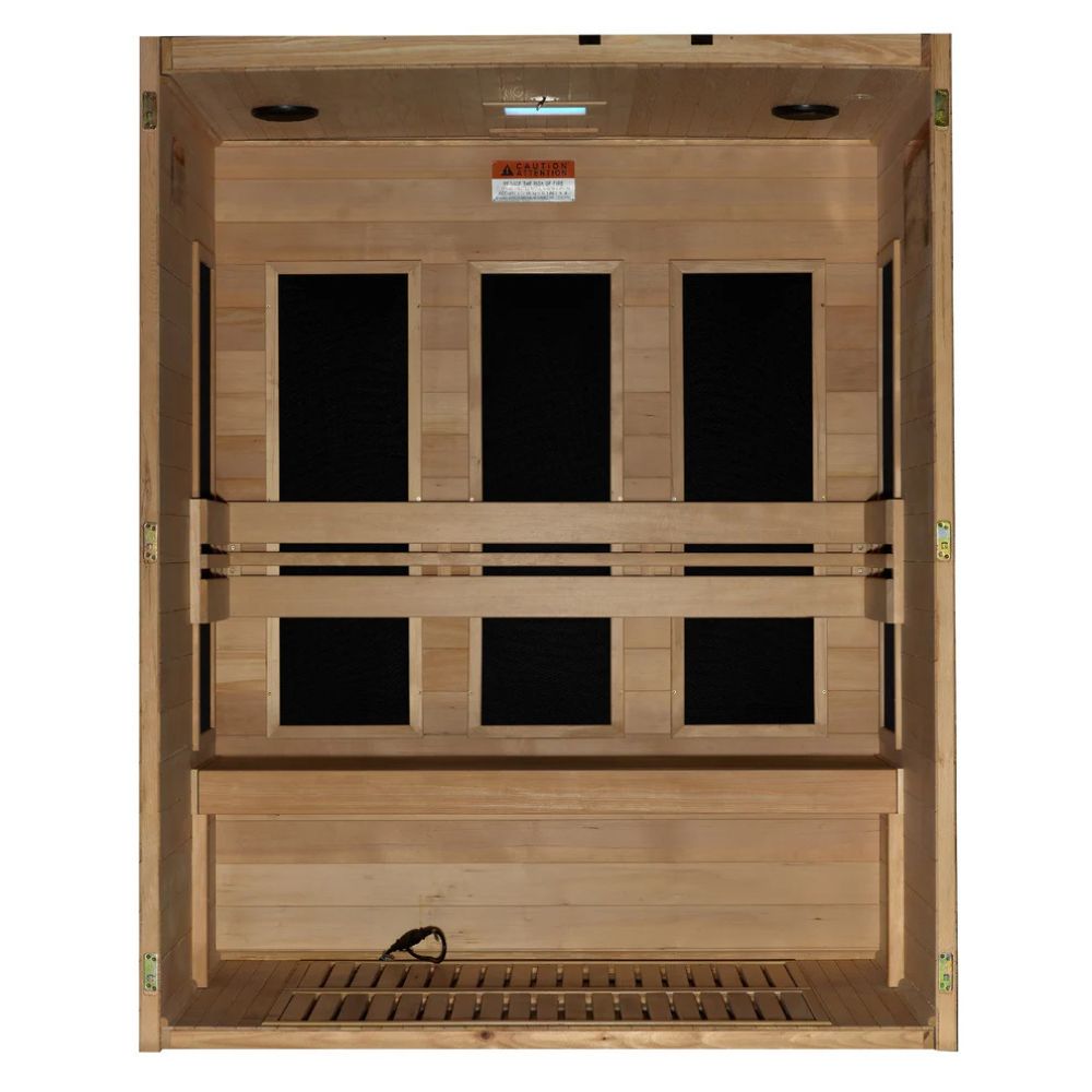 Wooden sauna with glass panels on a white background