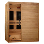 Wooden sauna with a sliding door on a white background