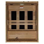 Wooden sauna with glass panels on a white background