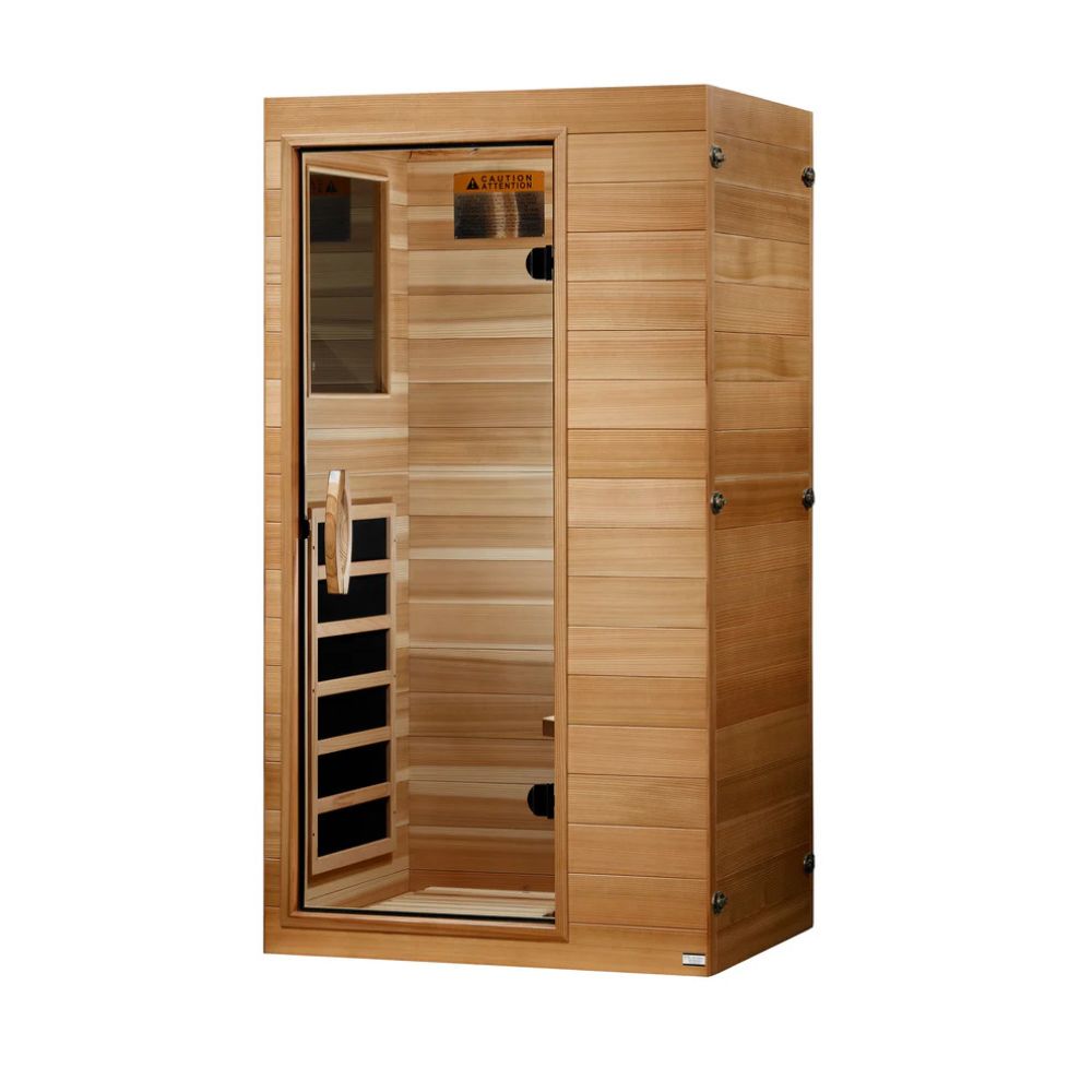 Wooden sauna with glass door on a white background