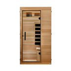 Wooden sauna with glass door on a white background
