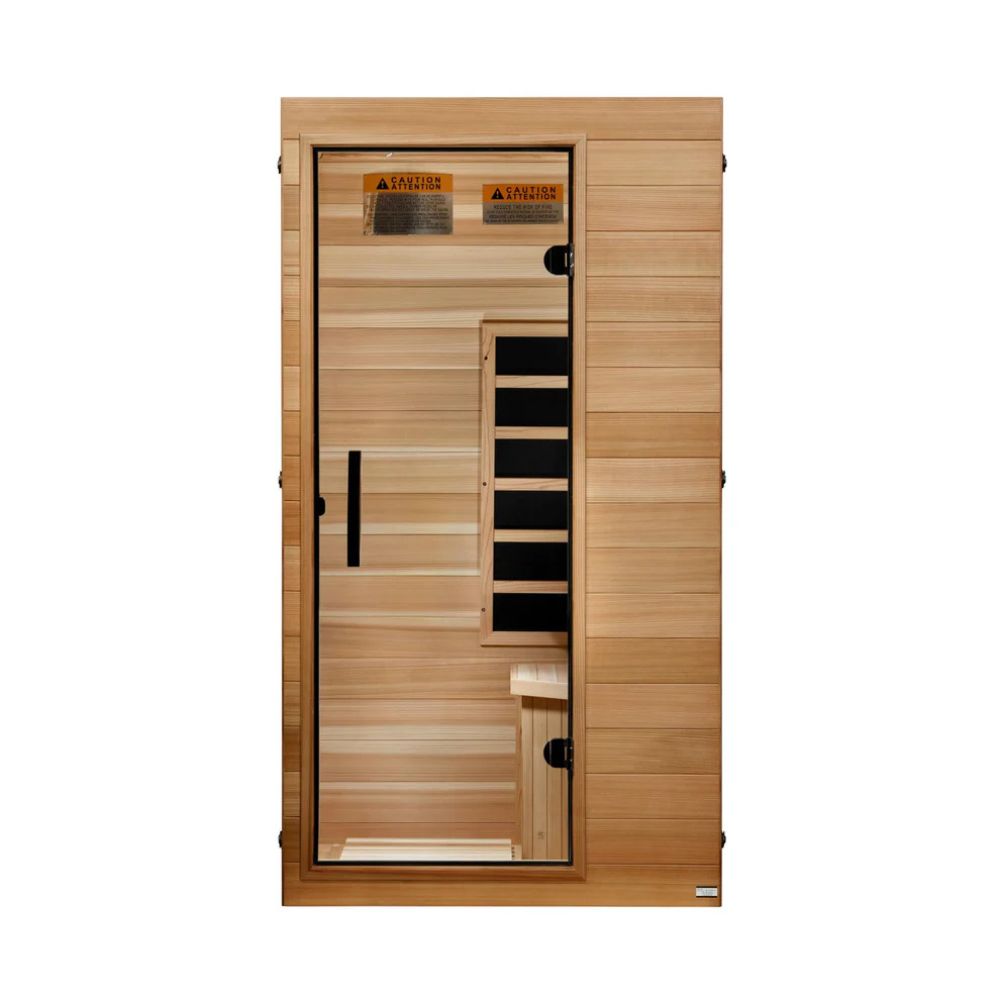 Wooden sauna with glass door on a white background
