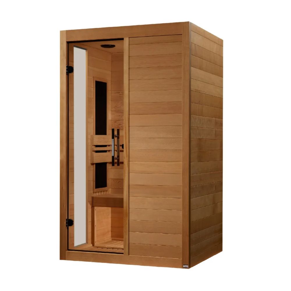 Wooden sauna cabin with glass door on a white background