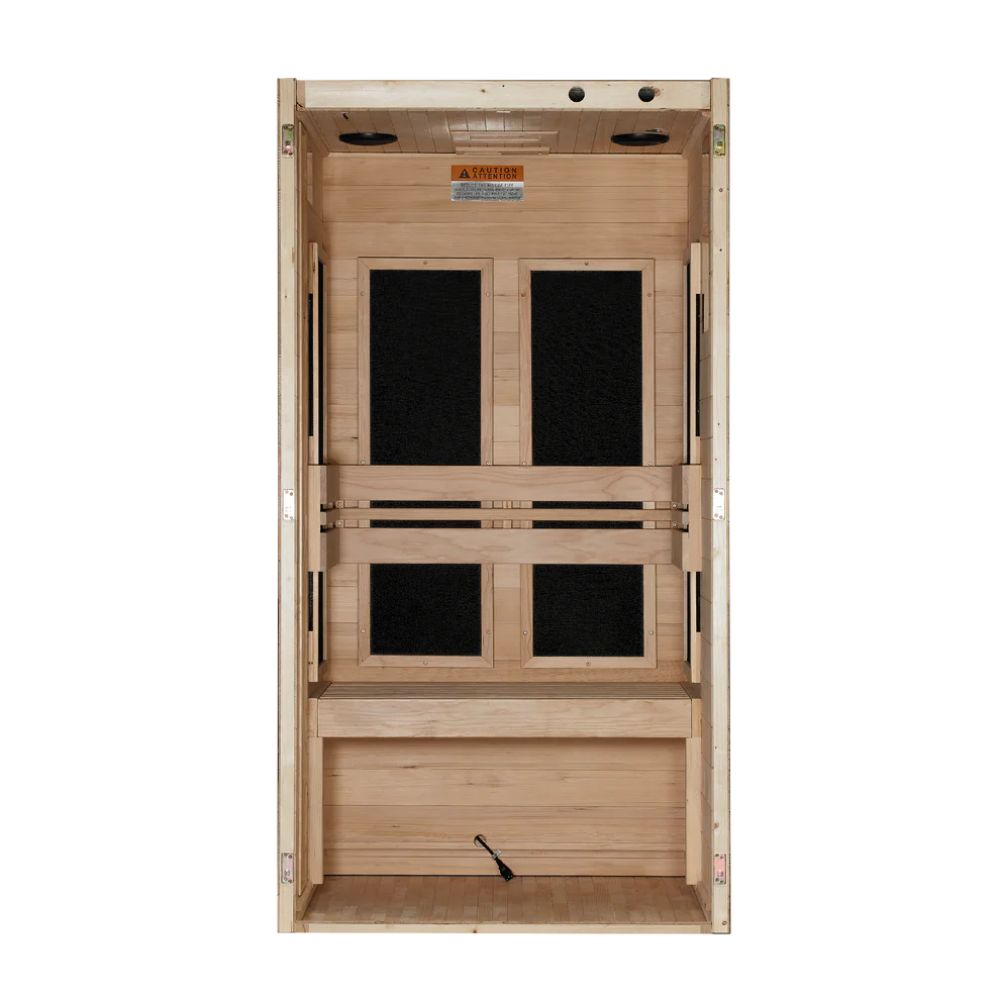 Wooden sauna with black interior on a white background