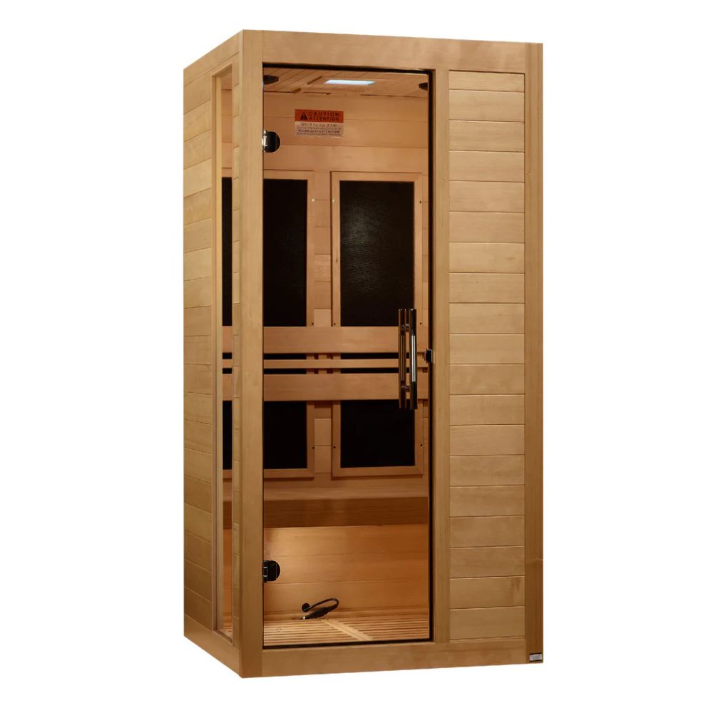 Wooden sauna with glass door on a white background