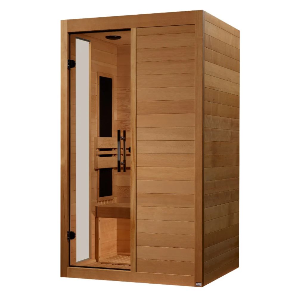 Wooden sauna with glass door on a white background
