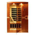 Wooden infrared sauna with glass door on a white background