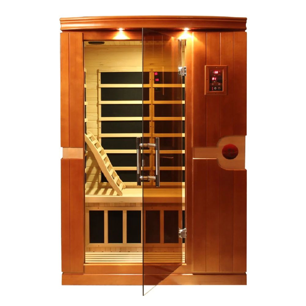 Wooden infrared sauna with glass door on a white background