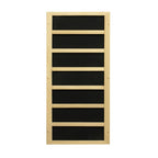 Wooden shelf with black panels on a white background
