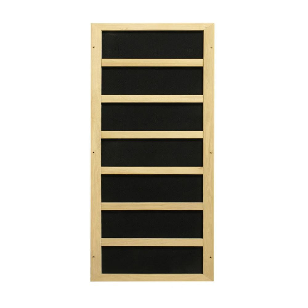 Wooden shelf with black panels on a white background