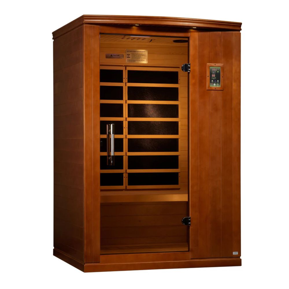 Wooden sauna with glass door on a white background