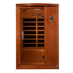 Wooden sauna with glass panels on a white background