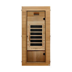 Wooden sauna with glass door on a white background