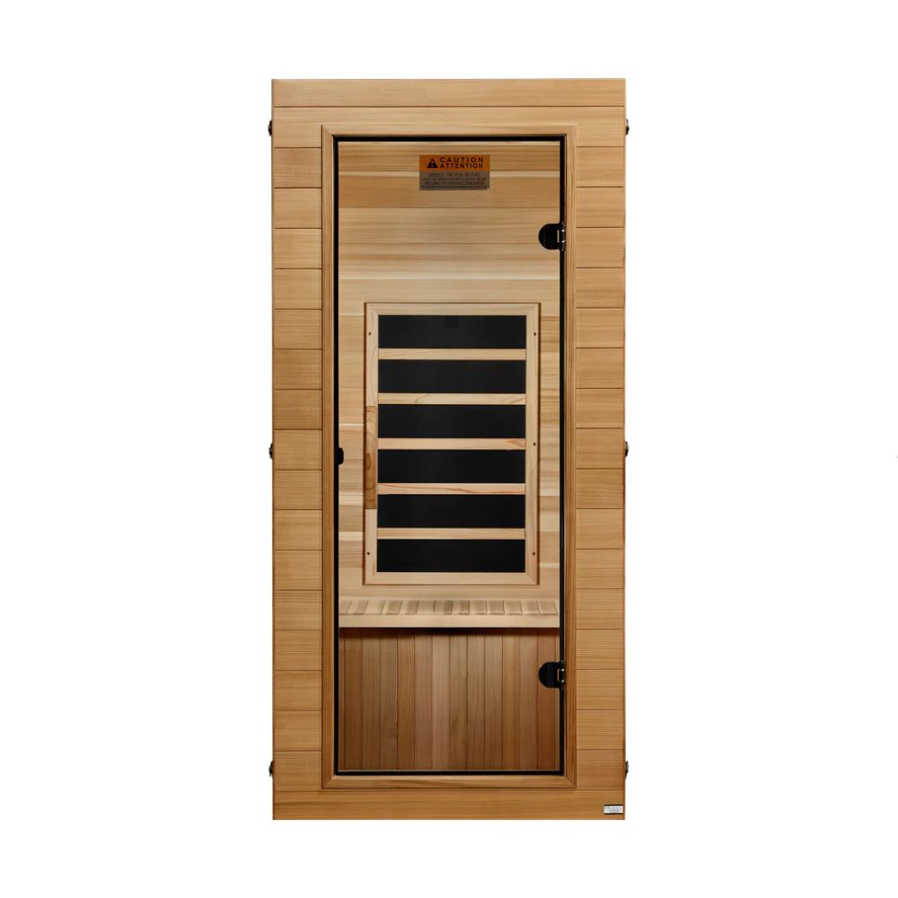 Wooden sauna with glass door on a white background