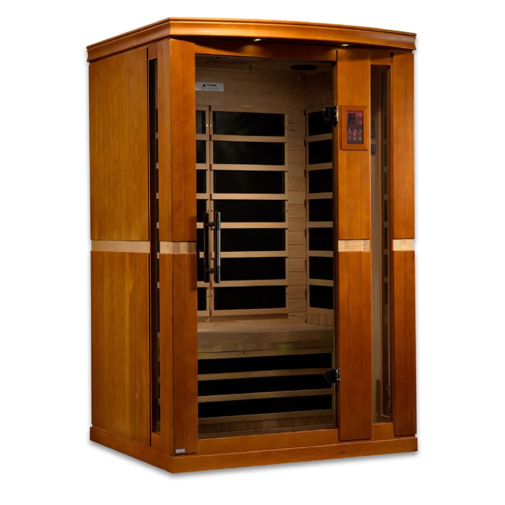 Wooden infrared sauna with glass door on a white background