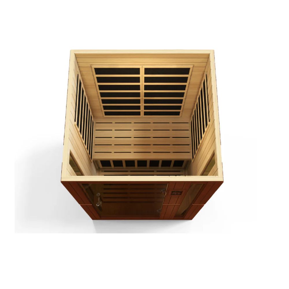 Wooden sauna with open door on a white background