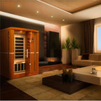 Modern living room with a sauna, television, and decorative elements.