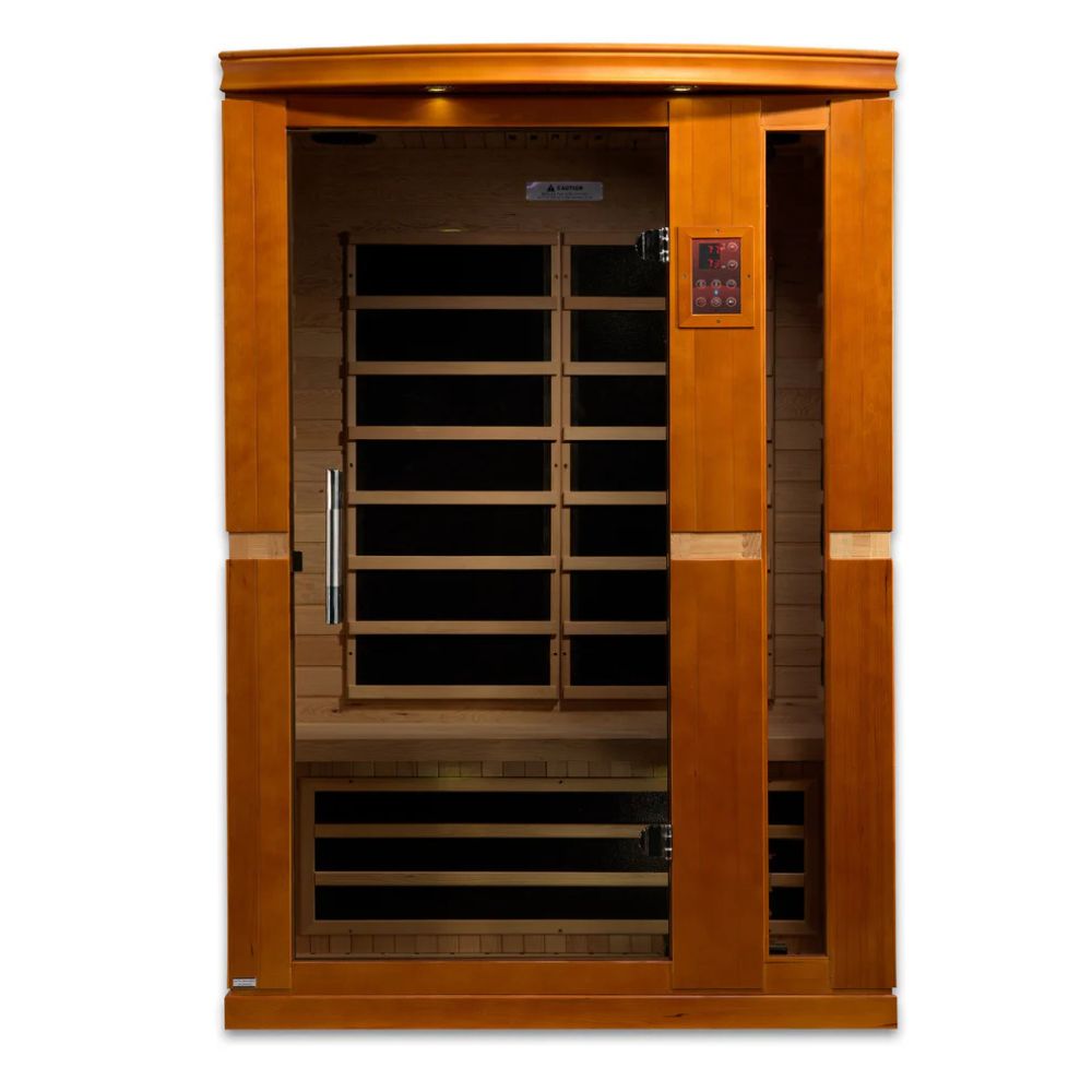 Wooden infrared sauna with glass door on a white background
