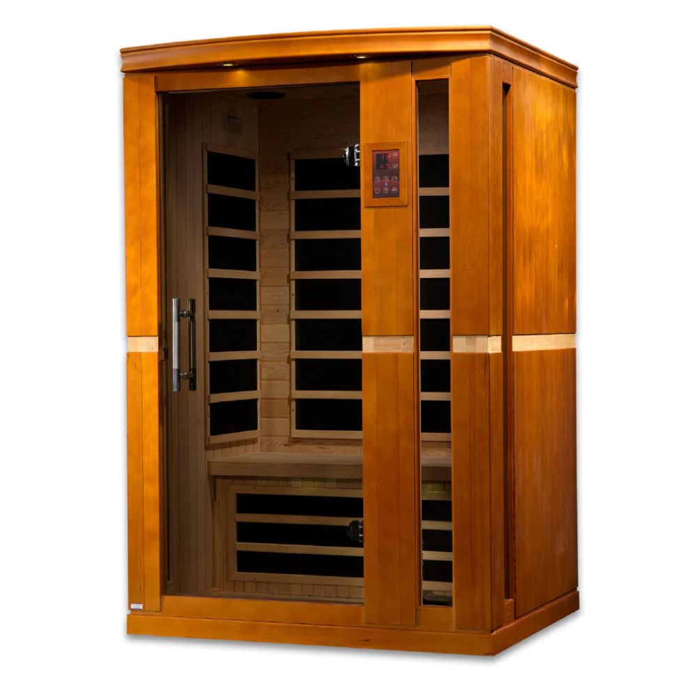 Wooden infrared sauna with glass door on a white background