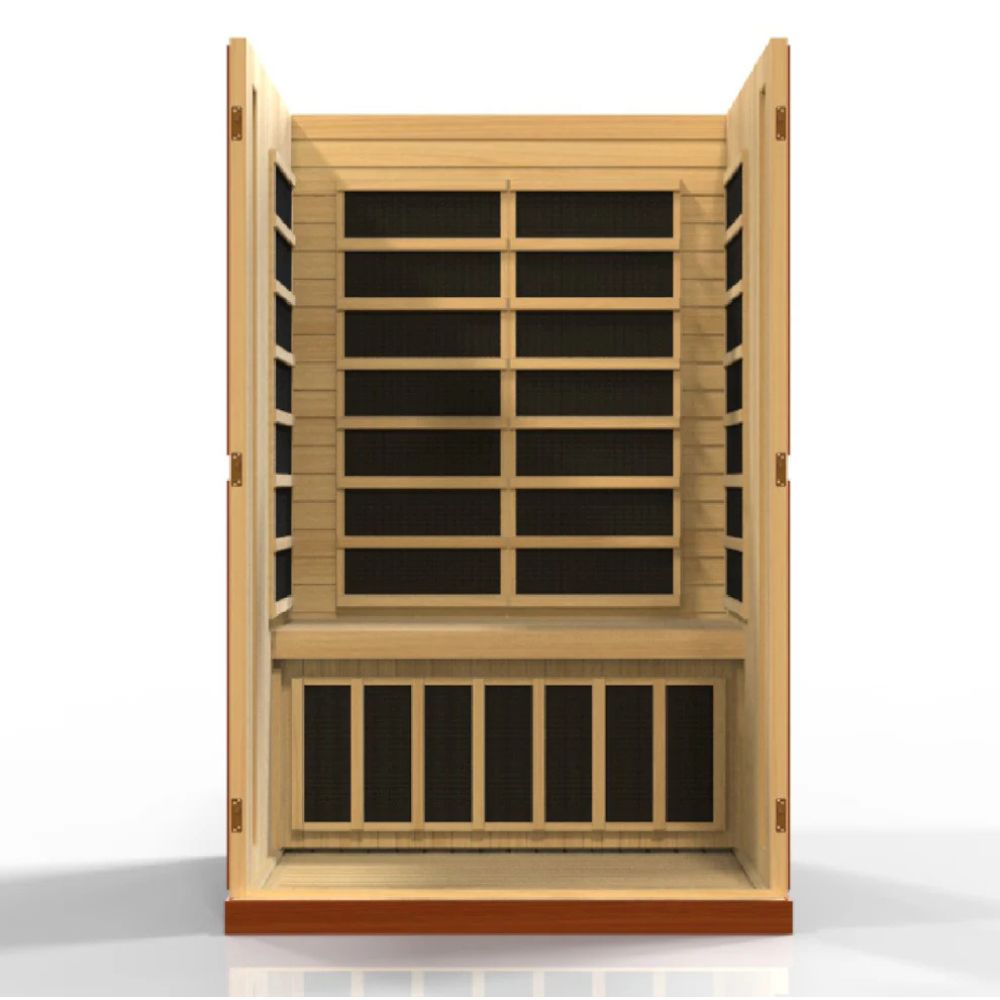 Wooden sauna with black interior on a white background