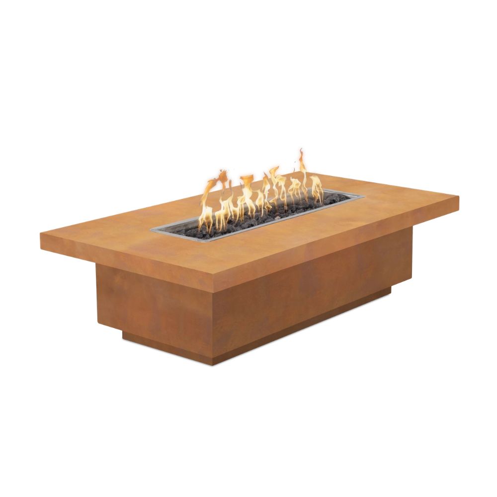 Wooden fire pit table with flames on a white background