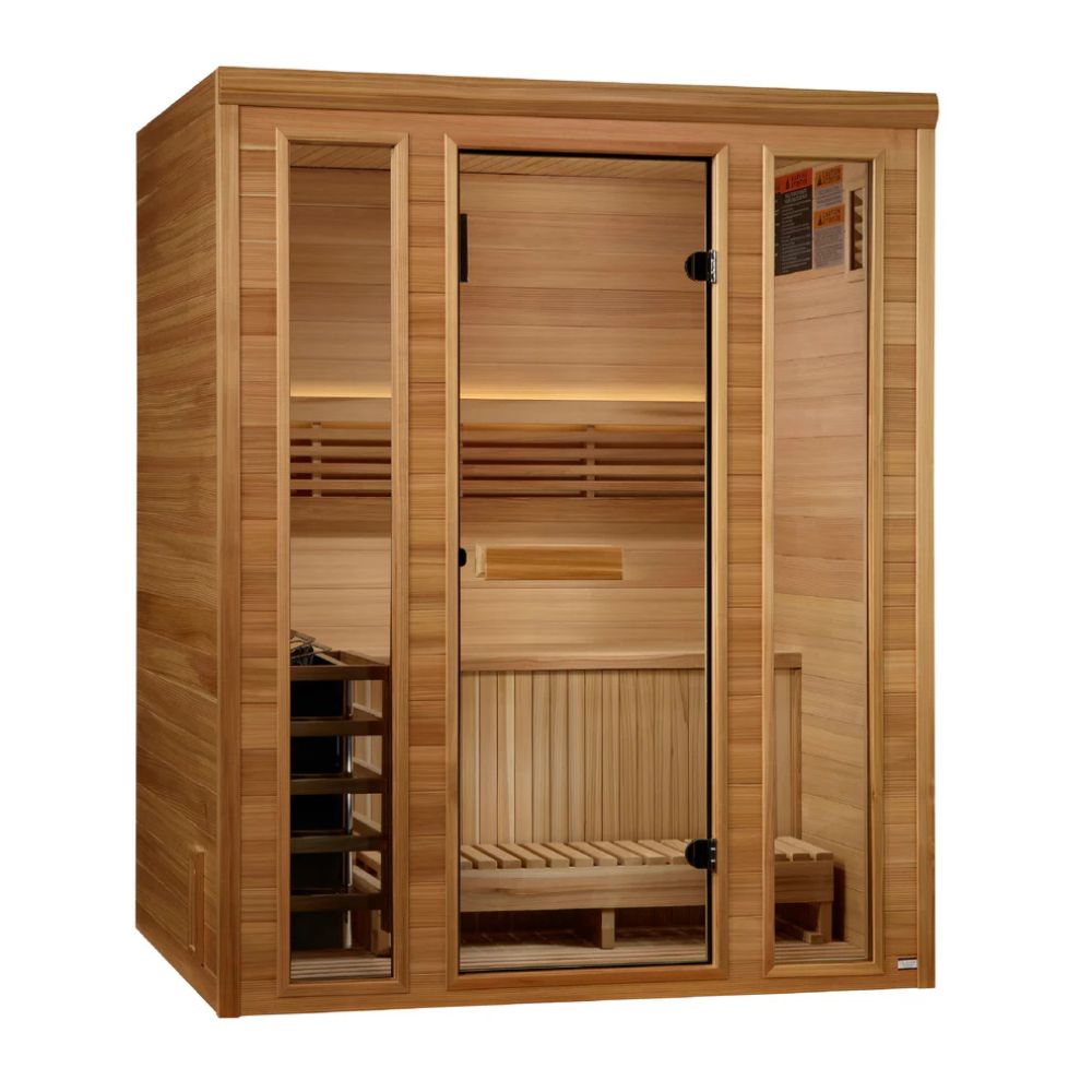 Wooden sauna with glass door on a white background