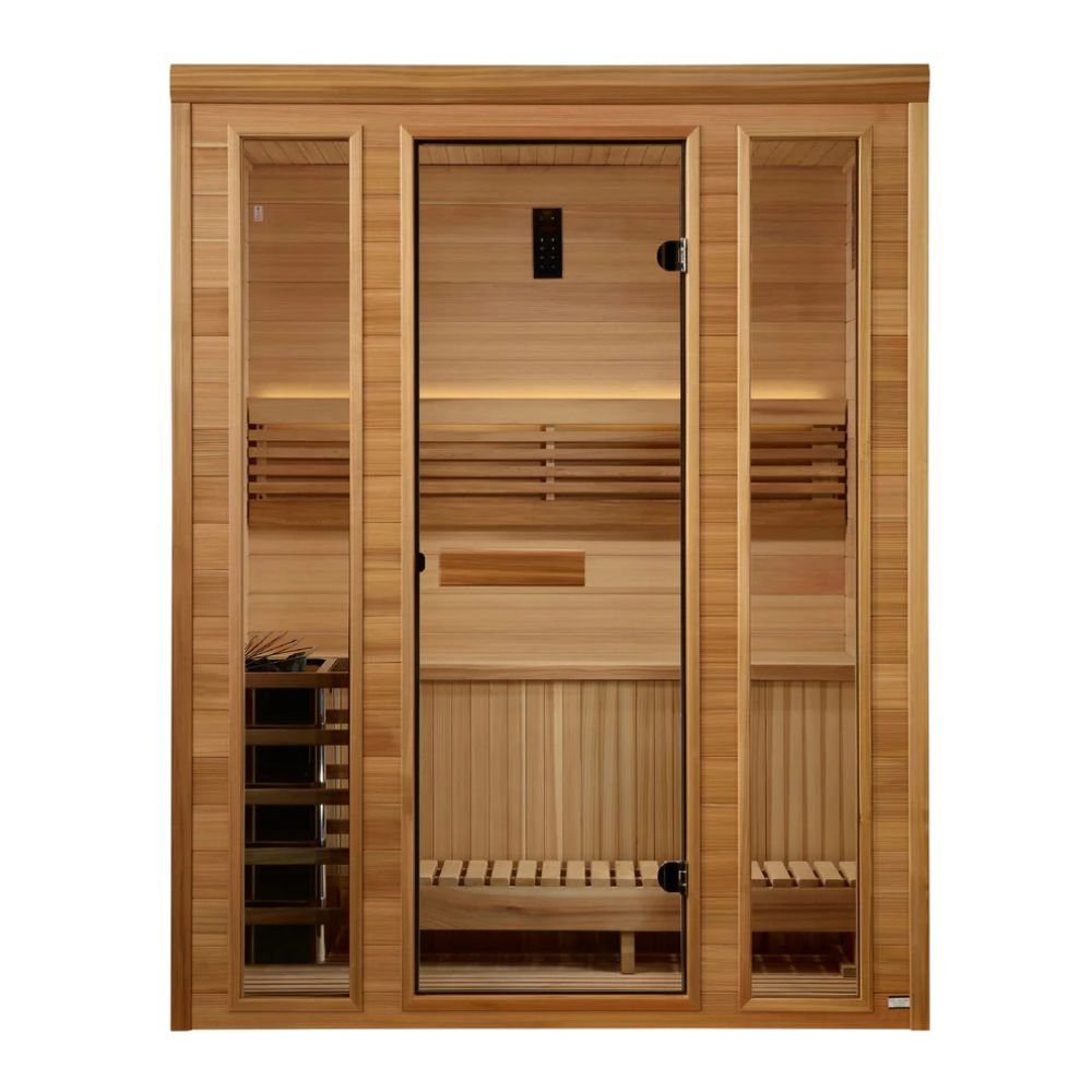 Wooden sauna with glass doors on a white background