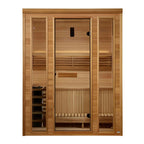 Wooden sauna with glass doors on a white background
