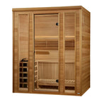 Wooden sauna with glass doors on a white background