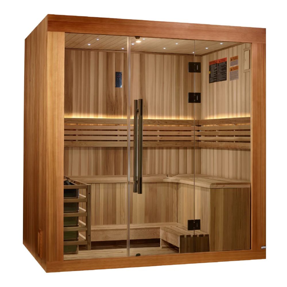 Wooden sauna with glass door on a white background