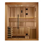 Wooden sauna with benches and shelves on a white background