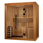Wooden sauna with glass door on a white background