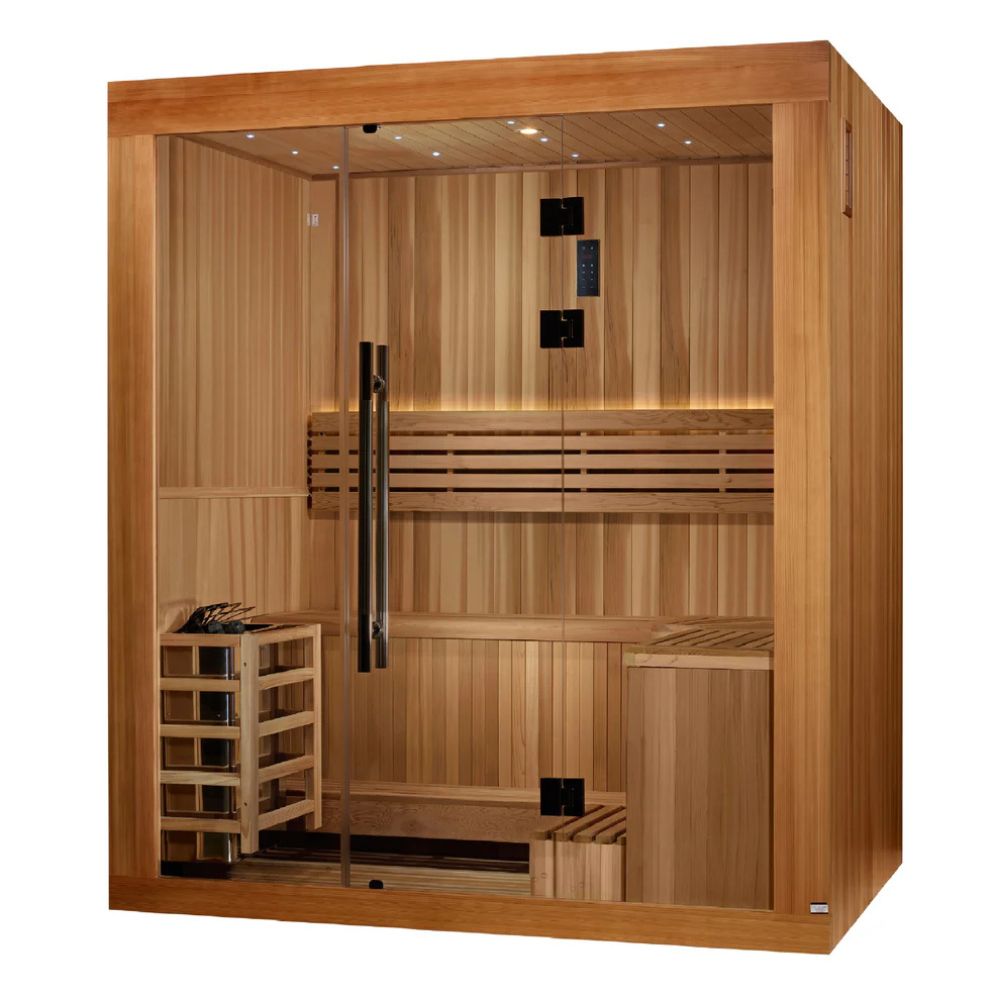 Wooden sauna with glass door on a white background