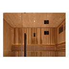 Wooden sauna interior with benches and control panels on a white background