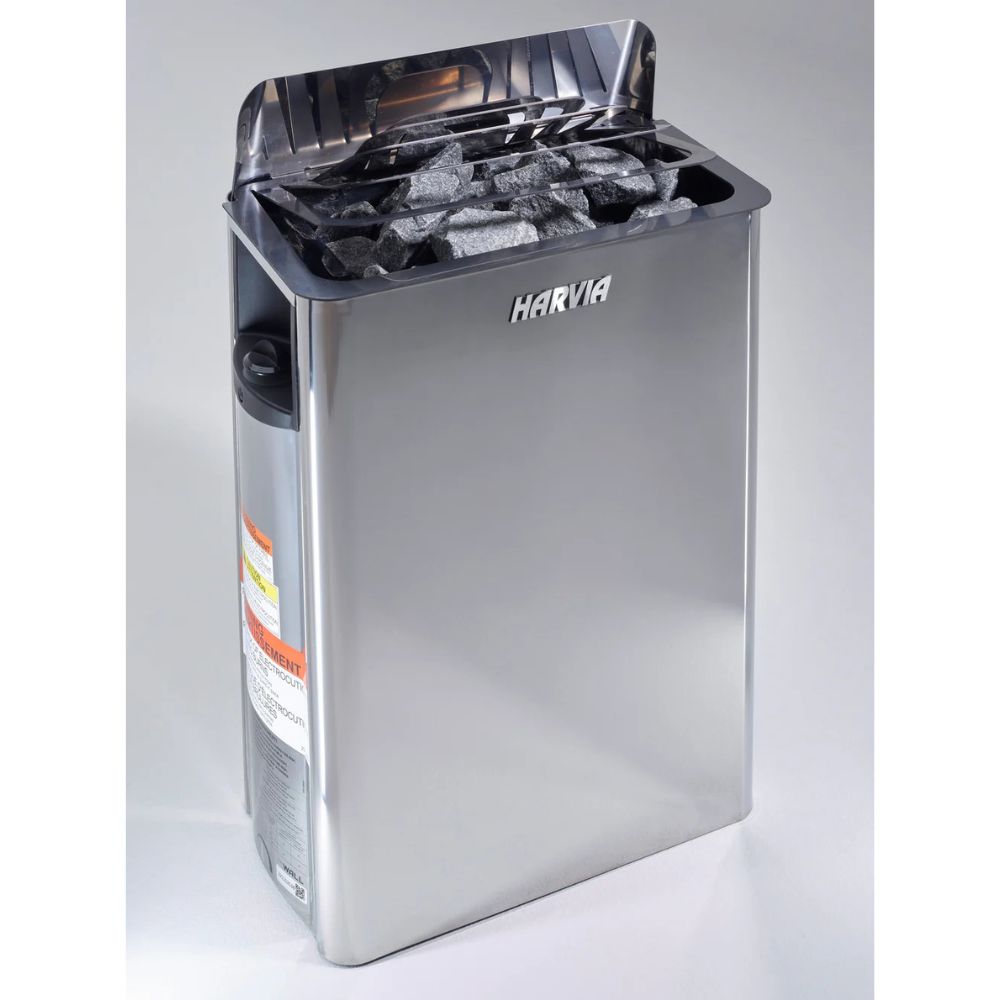 Metallic trash can with Harvia branding on a white background