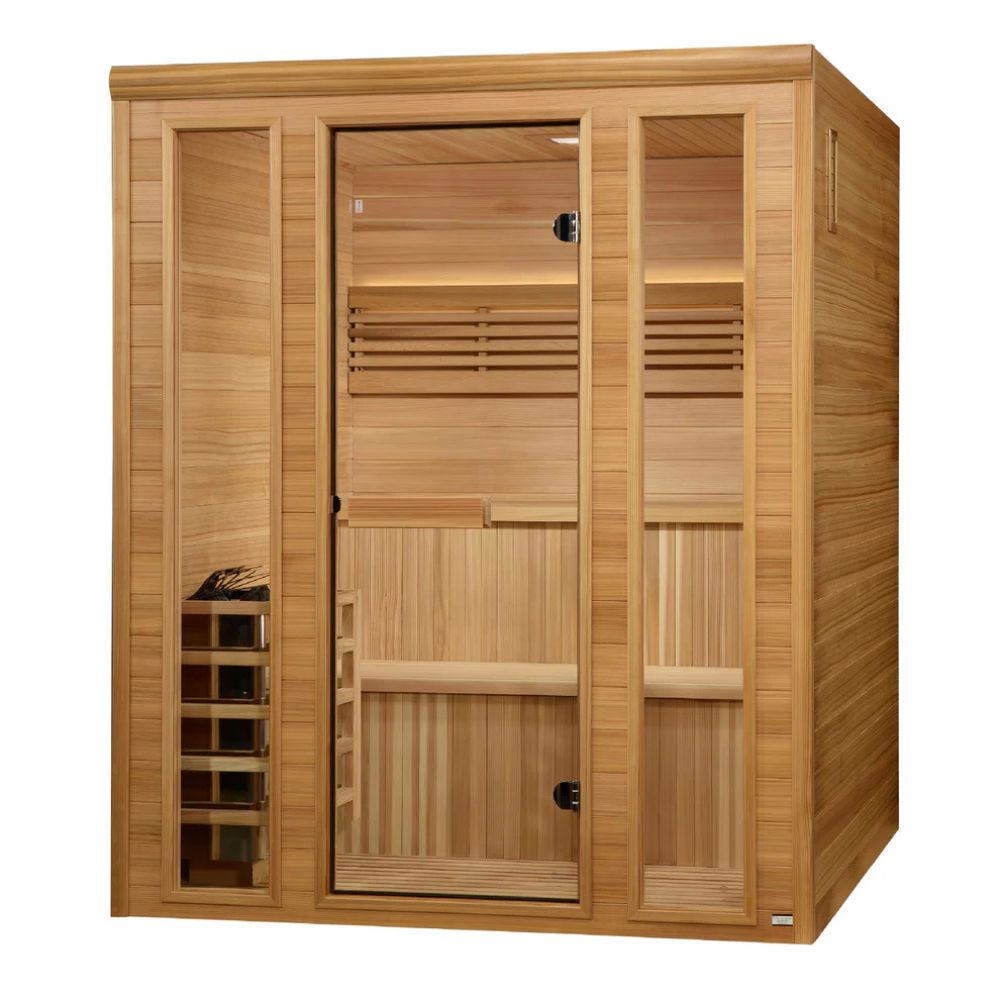 Wooden sauna with glass doors on a white background