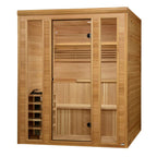 Wooden sauna with glass doors on a white background