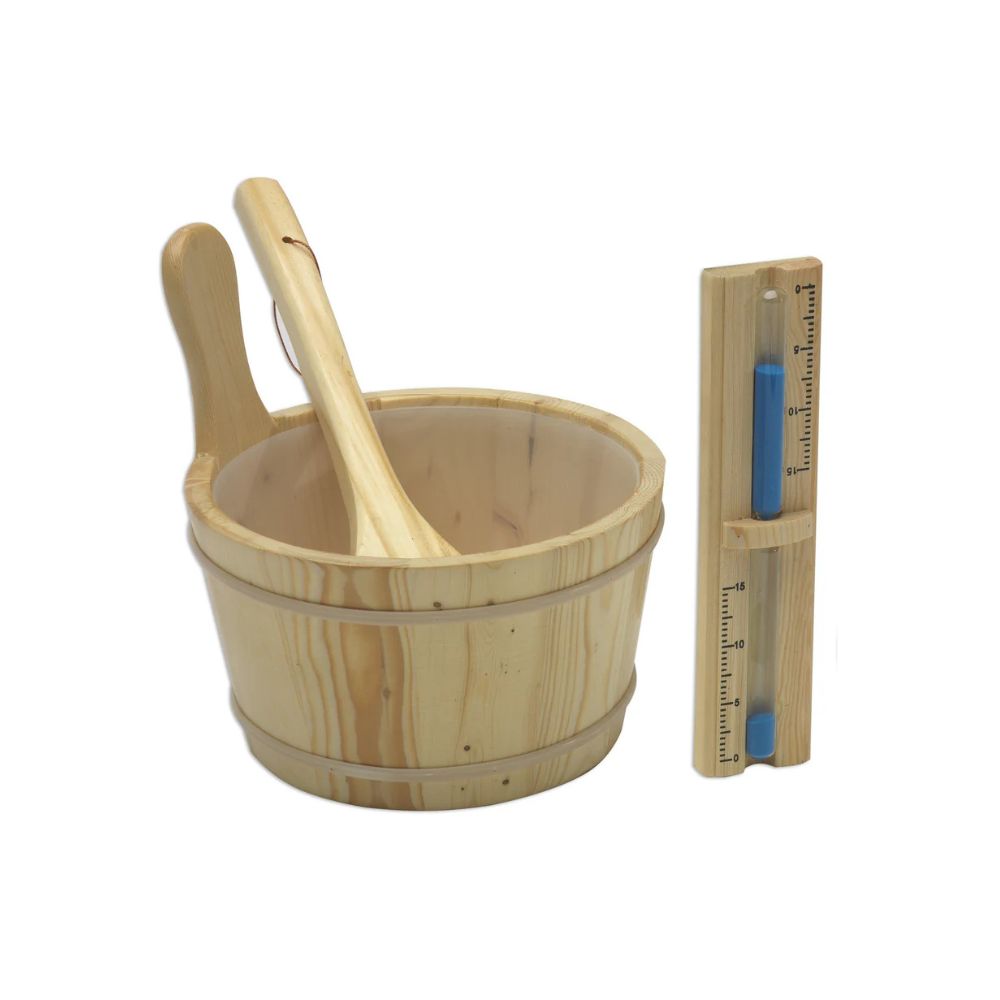 Wooden bucket with handle and thermometer on a white background