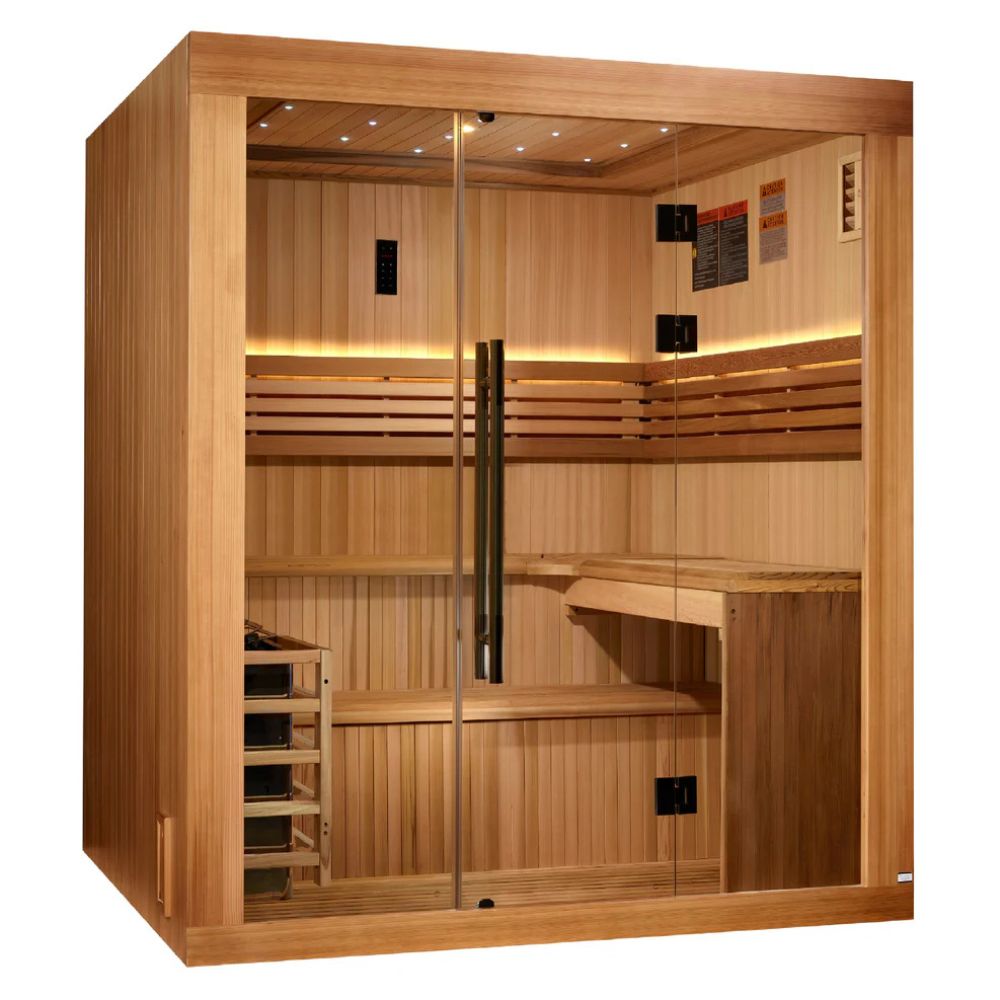 Wooden sauna with glass door on a white background