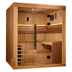 Wooden sauna with glass door on a white background