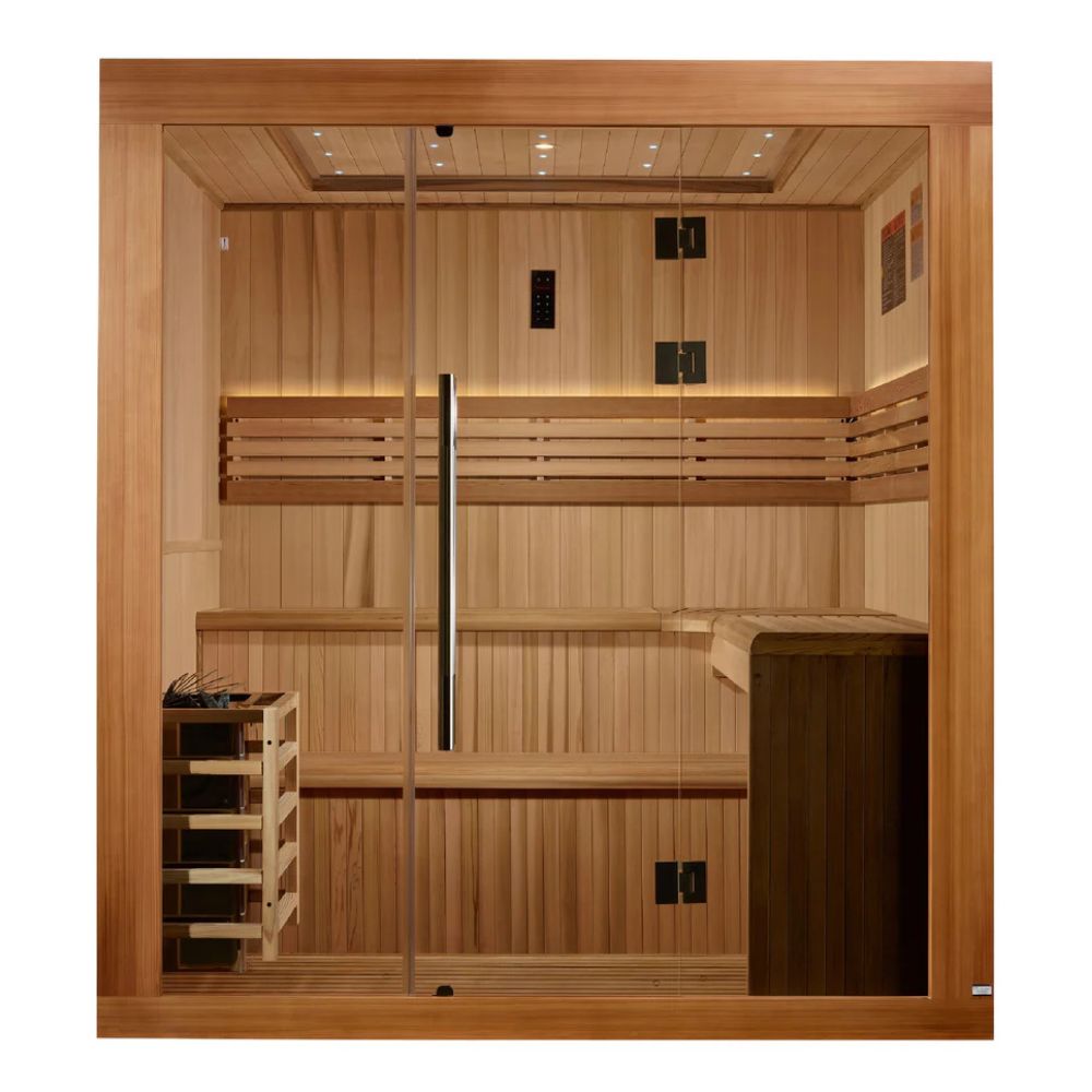 Wooden sauna with glass door on a white background
