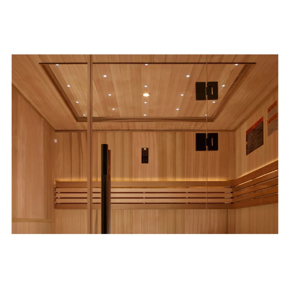Wooden sauna interior with benches and ceiling lights.