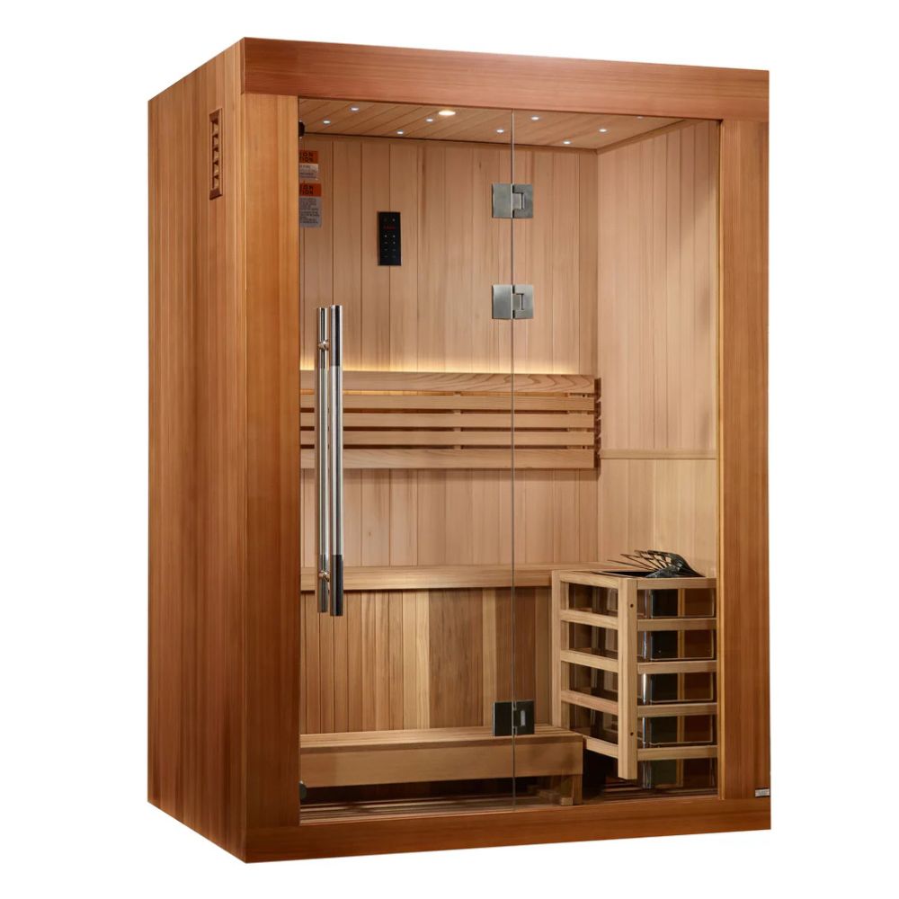 Wooden sauna with interior shelves and a door on a white background