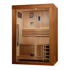 Wooden sauna with glass door on a white background