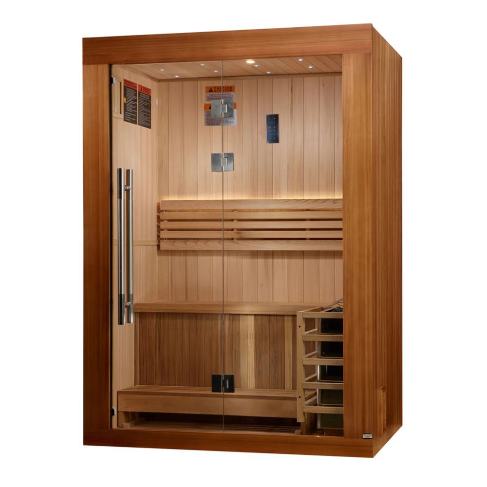 Wooden sauna with glass door on a white background